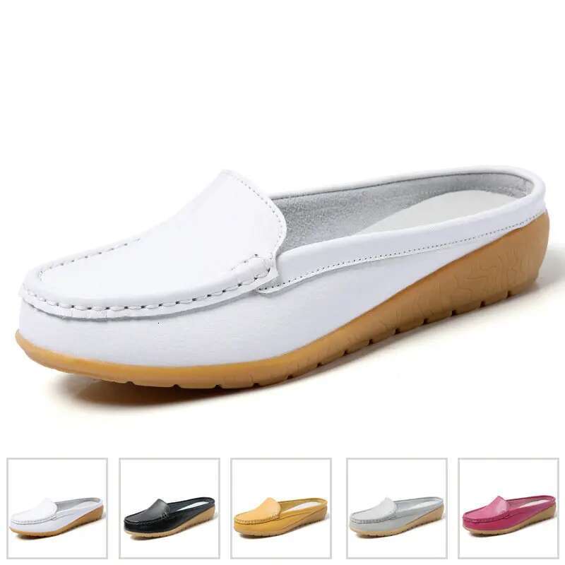 Summer Genuine Women Flats Hollow Slip On Leather Loafers Ladies Shoes Korean Style Soft Moccasins Half Slippers Size 43
