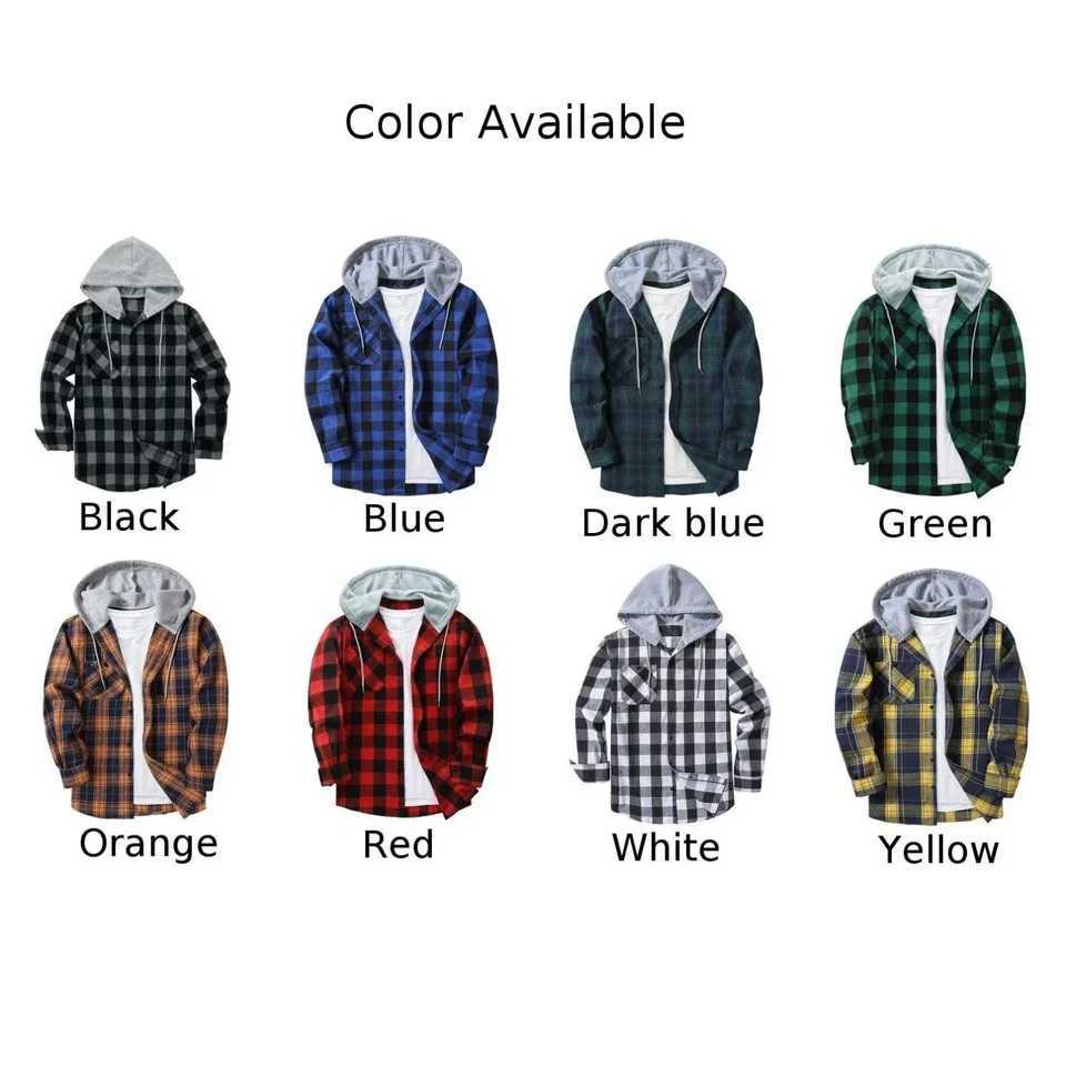 Men Plaid Long Sleeve Hooded Shirts Button Work Drawstring Casual Tops Cardigan Button Down Work Coat Tops Hoodie M240921