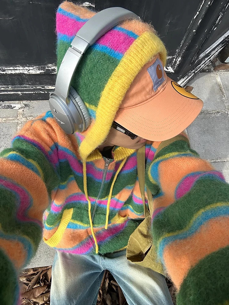 Mens Winter Colorful Striped Sweater Hoodie Y2k Long Sleeve Zipper Hoodie Knitted Open Back Pocket Loose Sports Shirt 240921