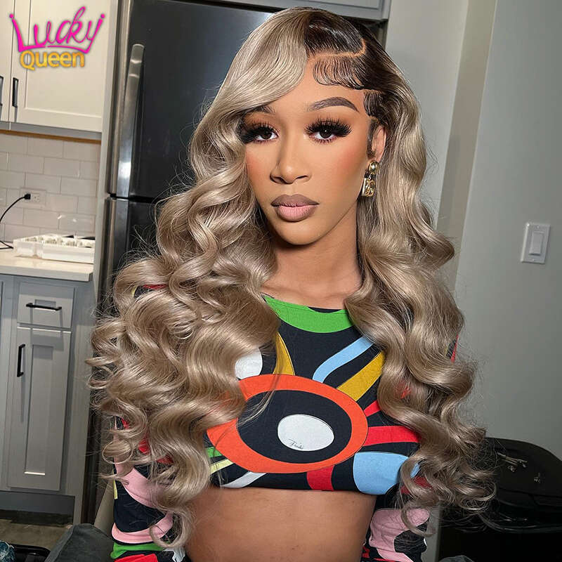 Ombre 13X4 Transparent Lace Front Human Hair Brown Root Body Wave Ash Blonde 5X5 Closure Wig Pre Plucked