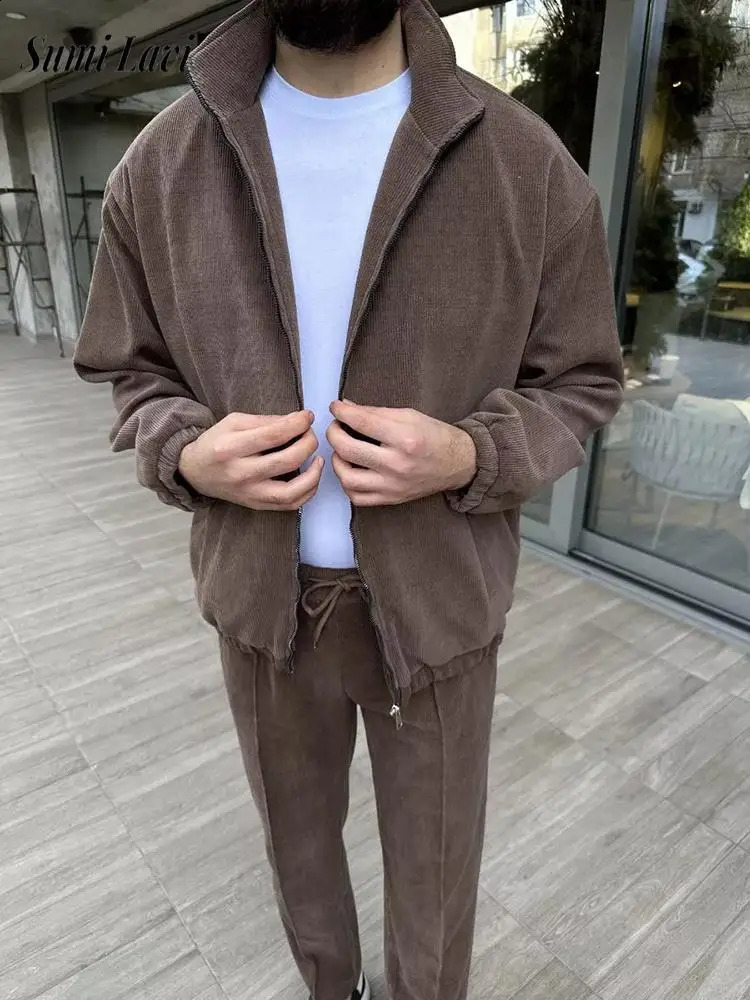 Casual Mens Two Piece Sets Streetwear Fashion Solid Color Slim Zipper Lapel Jacket And Pants Two Piece Suits Men Stylish Outfits 240918