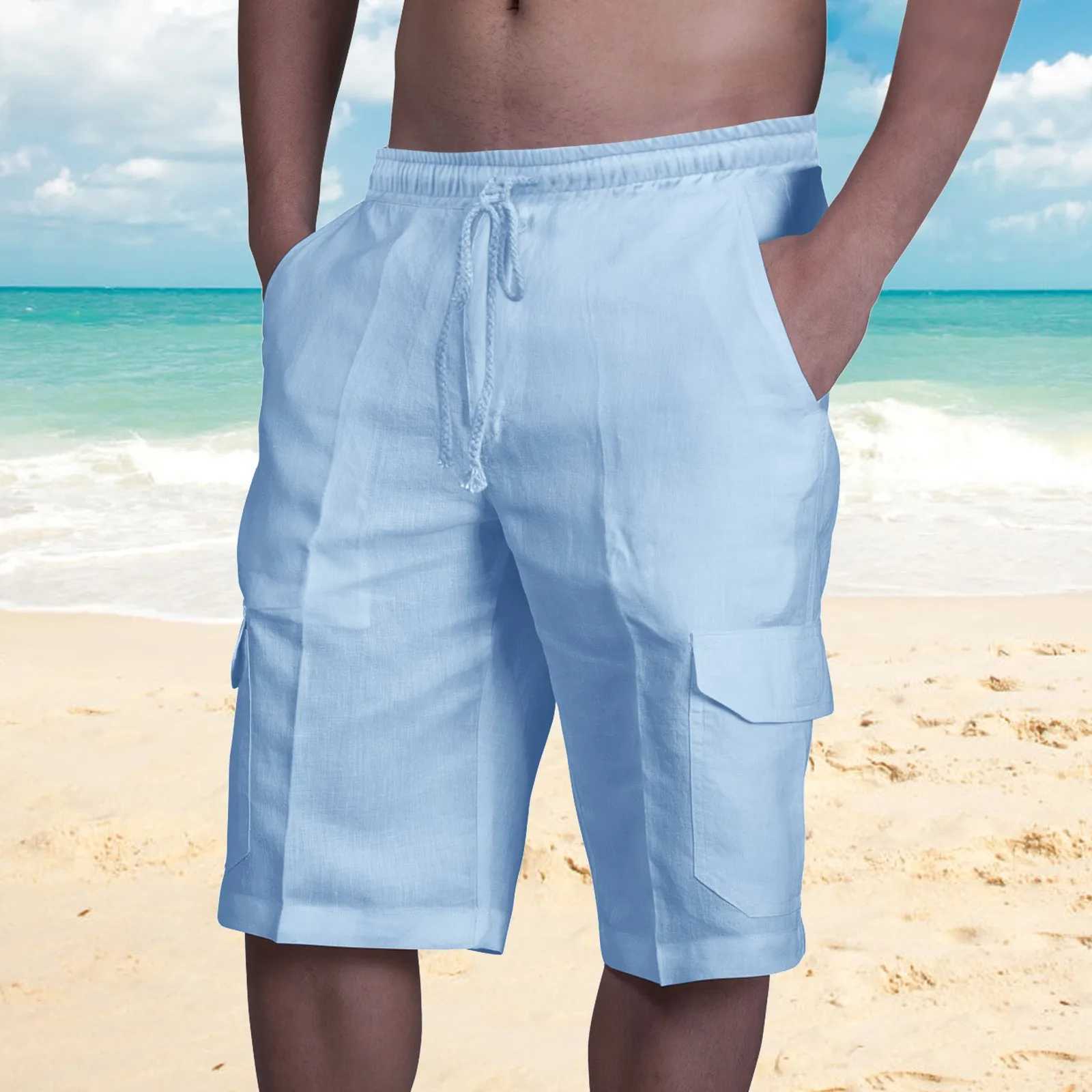 Cotton Linen Cargo ShortsSolid Color TrunksElastic Summer Lace Up WhiteMensShortsHoliday Vacation PantalonesCortos 2023X240921