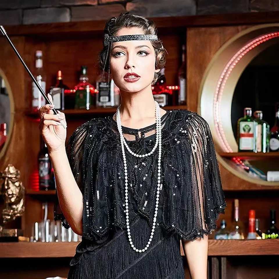 Vintage 1920s flap shawl sequin bead short corner bead decoration Gatsby party mesh short cover dress accessory W240921