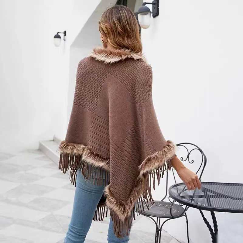 Fashionable fully decorated artificial raccoon fur with tapered corners loose and thin knitted rain cape womens spring and autumn shawl bag W240921