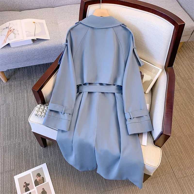 Spring Women Mid-Length Blue Trench Coat With Belt Korean Casual Double-breasted Lapel Long Sleeve Elegant Female WindbreakerX240921