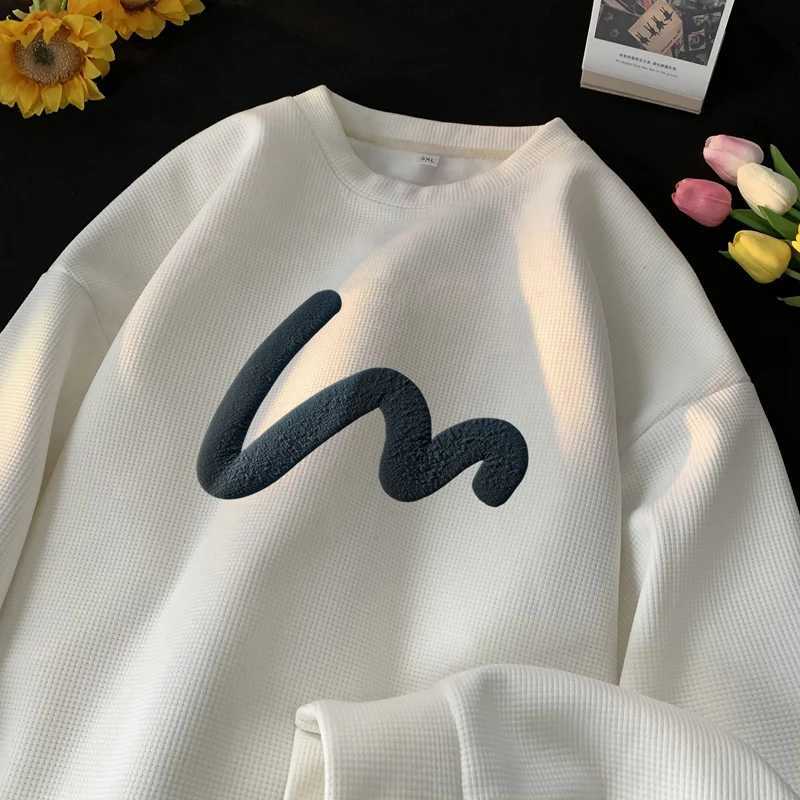 Korean mens sportswear comfortable waffle fabric staff collar sweatshirt wave print casual loose sports shoulder strap hooded sweatshirt W240921