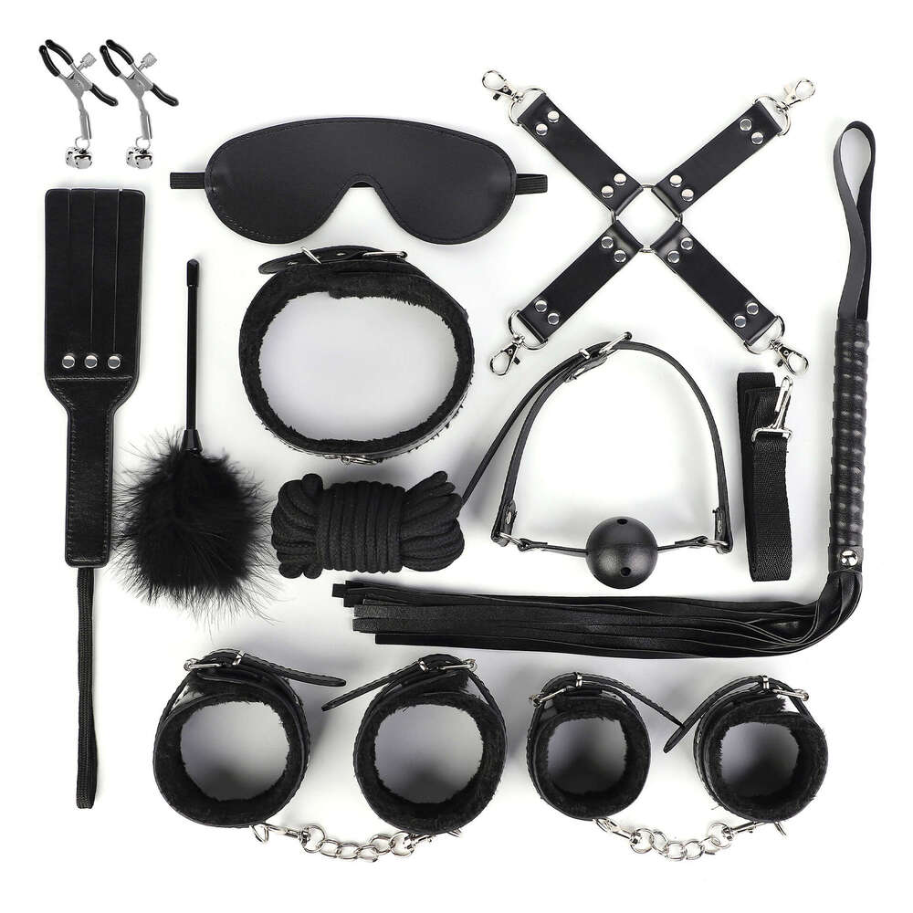 Cross border hot selling adult SM prop set, black PVC eleven piece set, erotic breast clip SM leather whip binding handcuffs