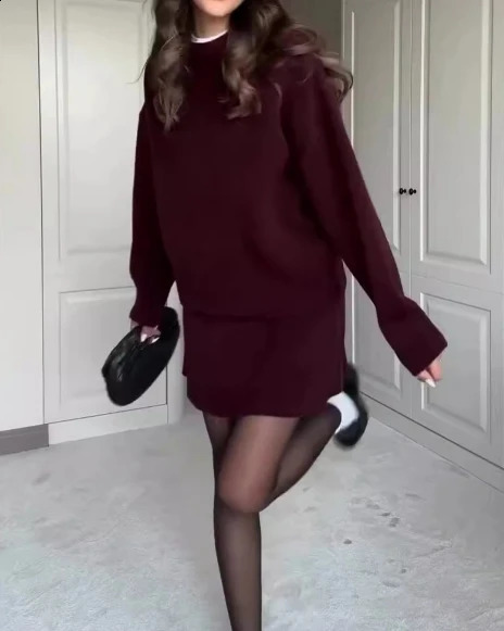 Autumn two-piece sweet solid color casual edition university style knitted sweater short sleeved set 240918