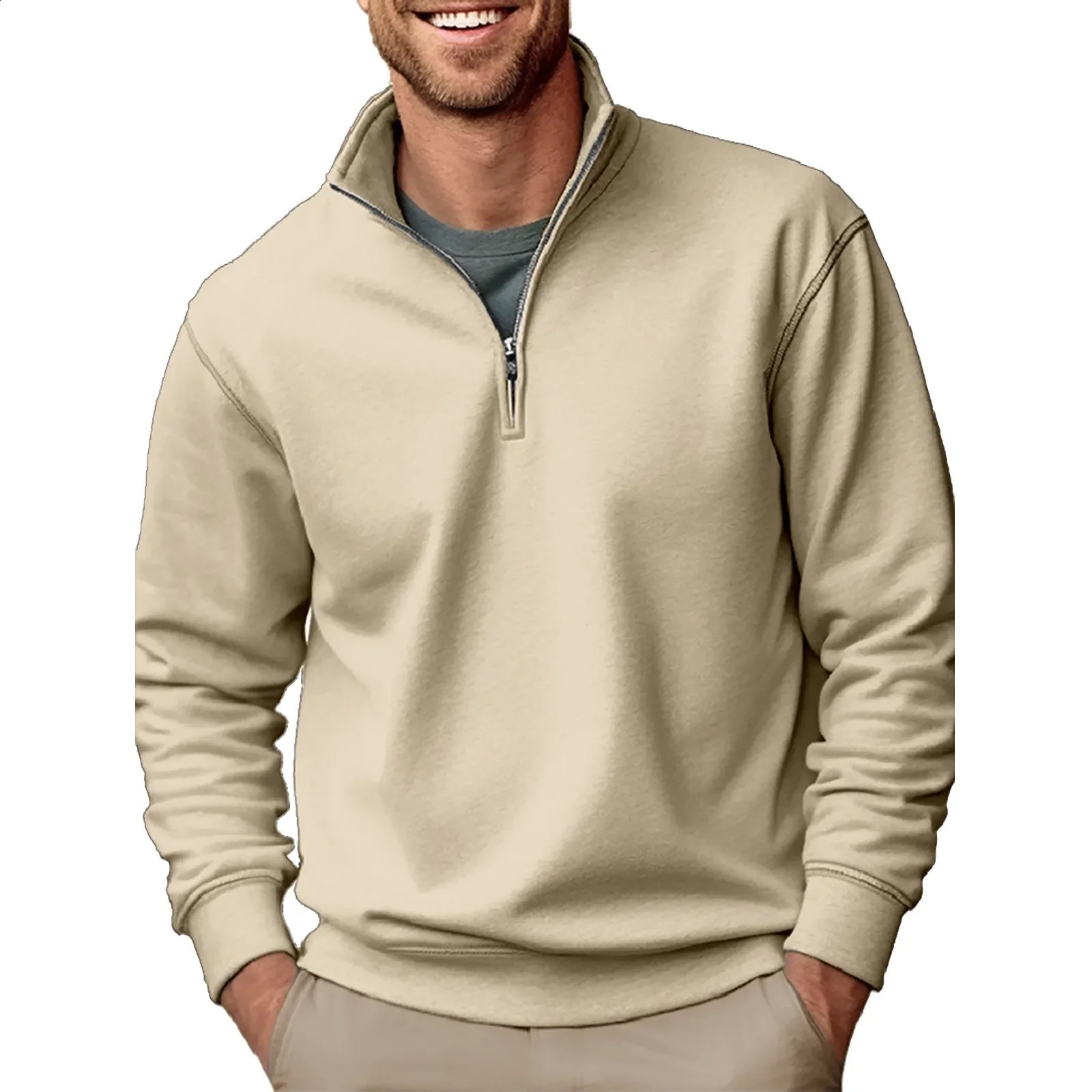 Wool Thickened Mens Solid Sweatshirt Casual Half Zipper Vertical Neck Hoodie Autumn Loose Sports 240911