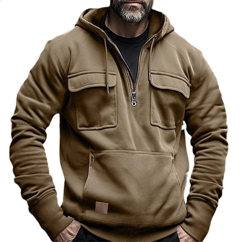 Mens Hoodie Brushed Sweatshirt Loose Pocket Long Sleeve Large Patch Pocket Half Zipper Elastic Cuff Mens Zipper Top 240919