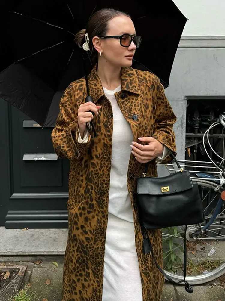 Vintage Leopard Print Single Breasted Trench Womens Coats Fashion Lapel Long Sleeves Pockets Jackets Autumn Lady Long OutwearX240921
