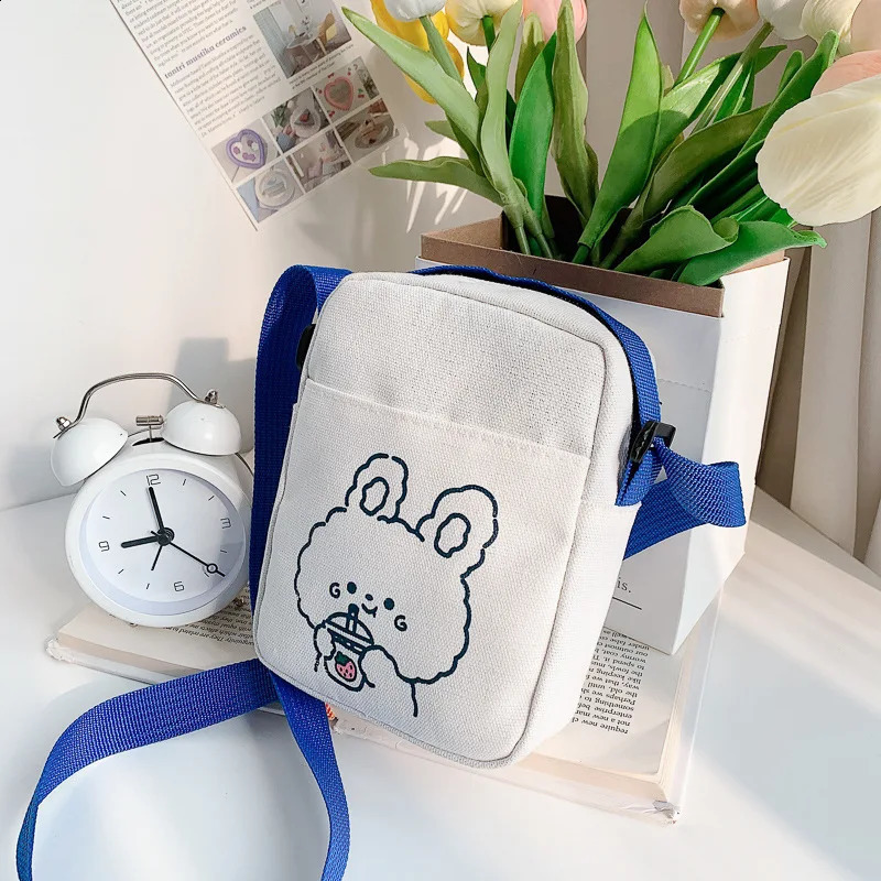 Small Women Canvas Shoulder Bags Korean Cartoon Print Fashion Bear Rabbit Mini Cloth Handbags Phone Crossbody Bag for Cute Girl 240919