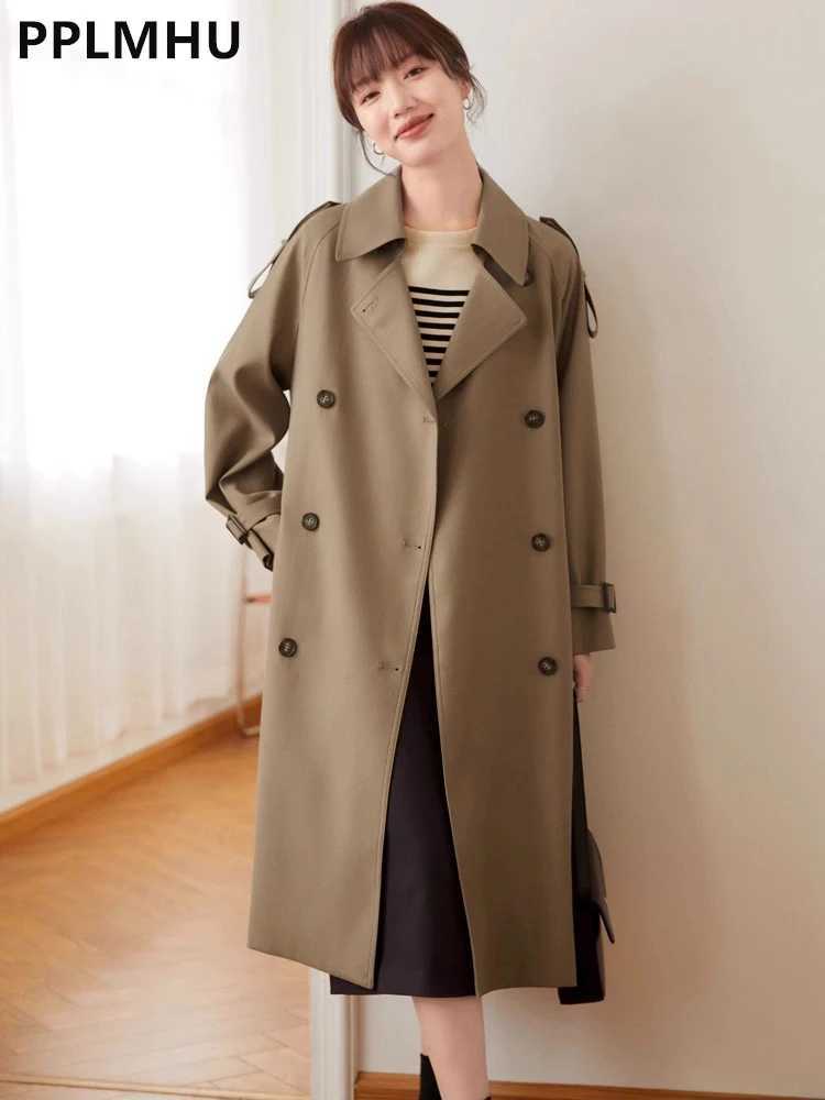 Khaki Double Breasted Long Trench Coats Women Casual Loose Korean Gabardina New Lapel Classic Oversized Windbreaker JacketsX240921