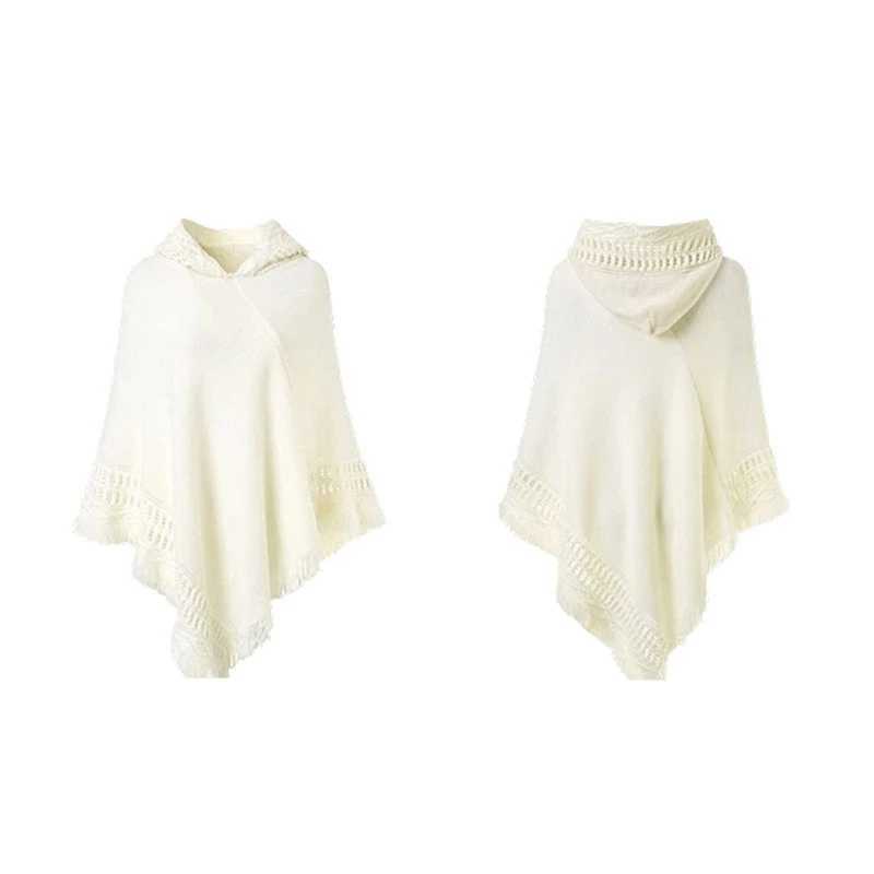 Womens winter warm knitted hooded raincoat solid color crocheted tassel shawl bag oversized zipper cape sweater top W240921