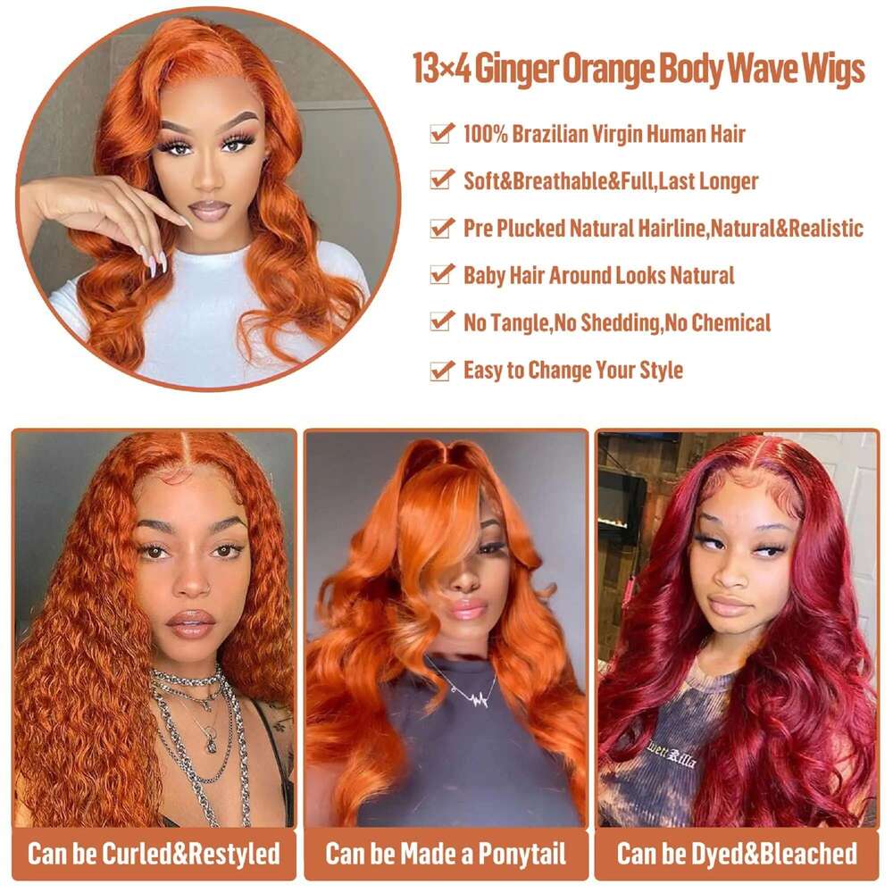 13x4 Orange Colored Body Wave Frontal Brazilian Wigs Ginger HD Lace Wig Human Hair Pre plucked