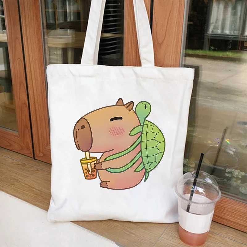 Cute Capybara Anime Shopping Bag for Women Reusable Canvas Eco friendly Shopping Bag Z250224