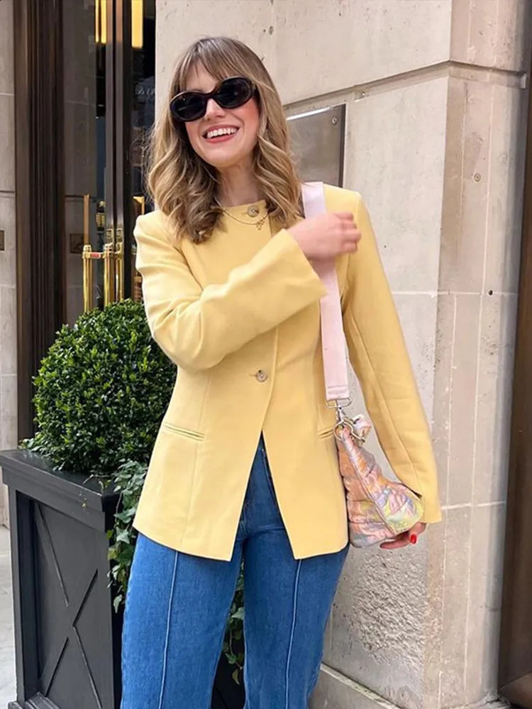Commute Suit Coat Women Minimalism O-neck Full Sleeves Single Breasted Front Split Female Blazer Coats 2024 Autumn Slim Lady Top 240918
