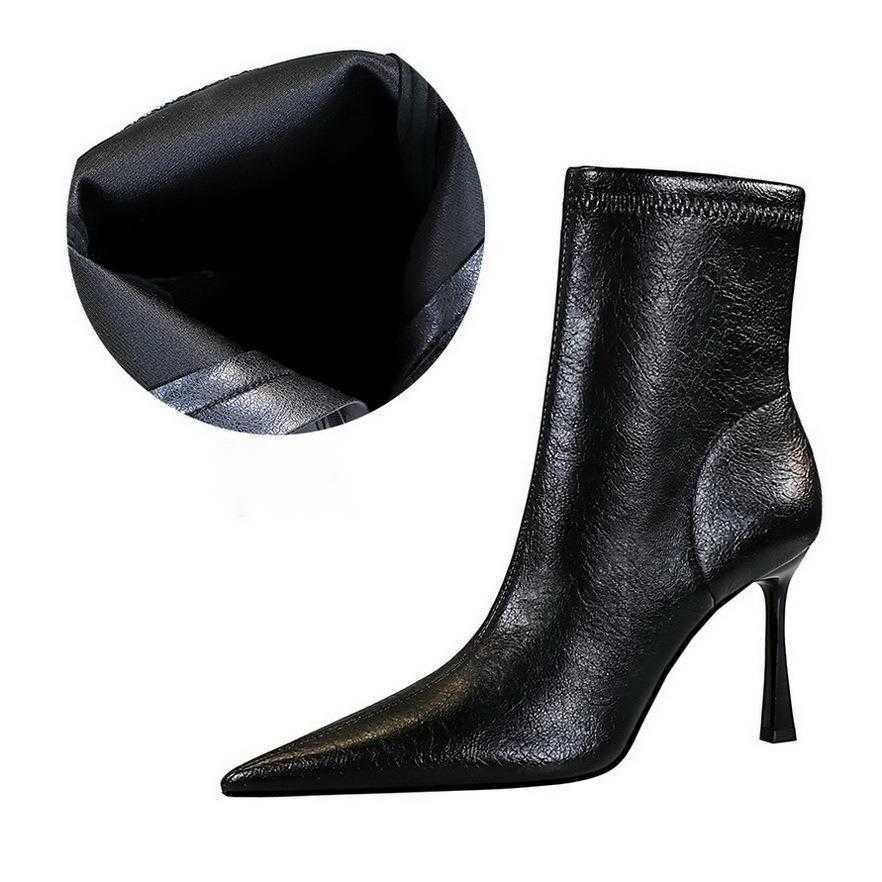 CMM Banquet Short Boots High Heels Thin Heels Pointed Toes Winter Side Zipper Short Boots Womens Boots