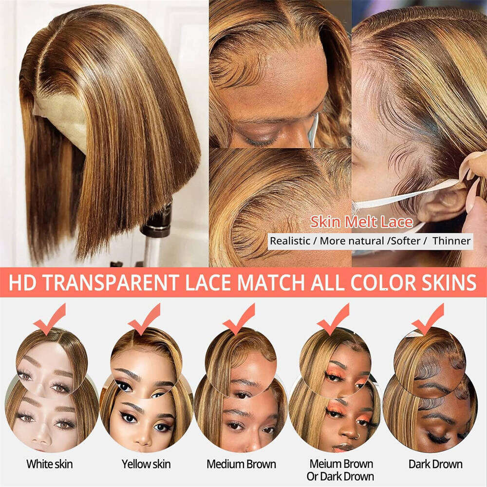 Straight Short 100% Highlight 13x4 Frontal Human Hair Wigs Bob Honey Blonde Ombre Brown Lace Front Wig