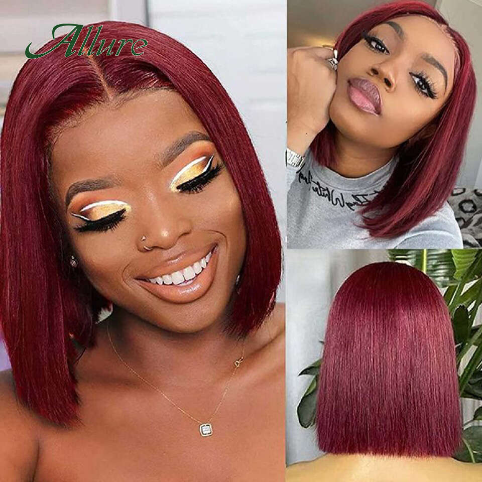 99J Short Bury Human Hair Colored Straight Bob Front Wig For Women Dark Red Glueless T Part Lace Wigs Allure