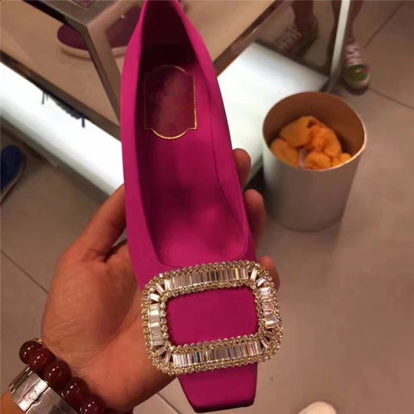 Diamond square buckle thick follow-up shoes square toe satin shallow cut shoes high heel womens wedding shoes 240919