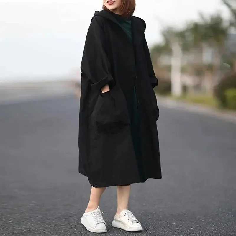 Womens Trench Coat 2023 Spring Autumn New Outerwear Hooded Pockets Loose Casual Women Clothing Vintage Windbreakers JacketsX240921