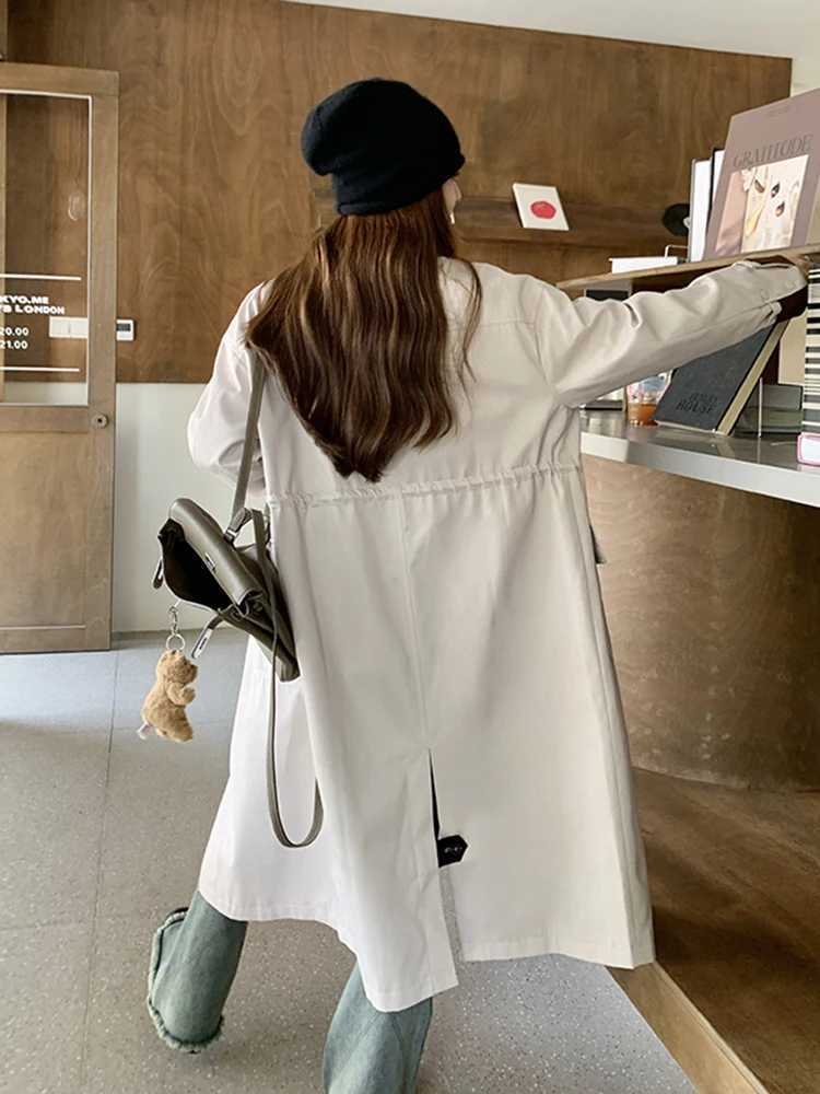 LANMREM Korean Block Color Trench Womens Lapel Single Breasted Drawstring Gathered Wasit Coats 2024 Autumn New Clothing 2Z2860X240921