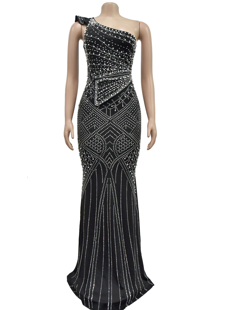 Elegant Single Shoulder Pearls Rhie Maxi Long One-Piece Gown Sequins Woman Party Dress Night Clubwear