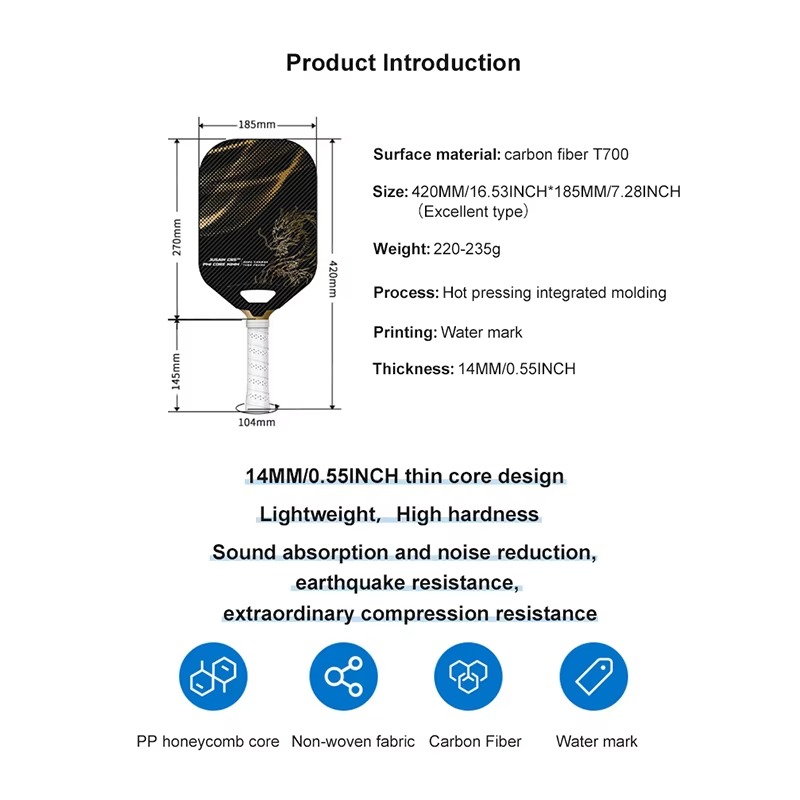 T700 Carbon Fiber Pickleball Paddle Lightweight 14MM PP Honeycomb Core thermoformed Integrated Dragon Pattern