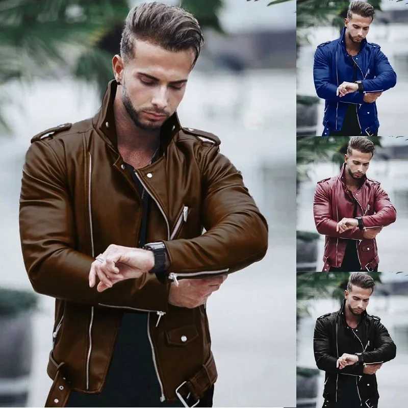 New autumn and winter mens Pu leather jacket oversized stand up collar fashionable slim fit zipper leather jacket W240918