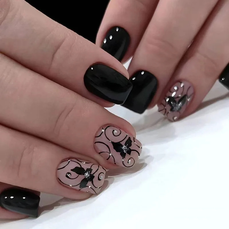 24pcsset Short Square Europe and America Fake Nails Black Vine Butterfly Fake Nails Artificial Acrylic Press On Nail Art tips 240914