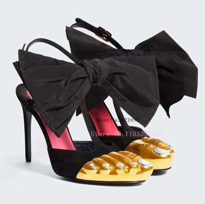 Gold Toes Strappy Removable Satin Bow Stiletto High Heel Sandals Women Thin Heeled Summer Party Dress Shoes