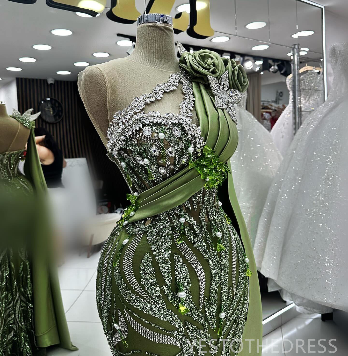 R&W 2024 Plus Size Green Prom Mermaid Promdress Evening Formal One Shoulder ra Beaded Lace Birthday Dress Second Reception Gowns Vestido De Sorrie AM1