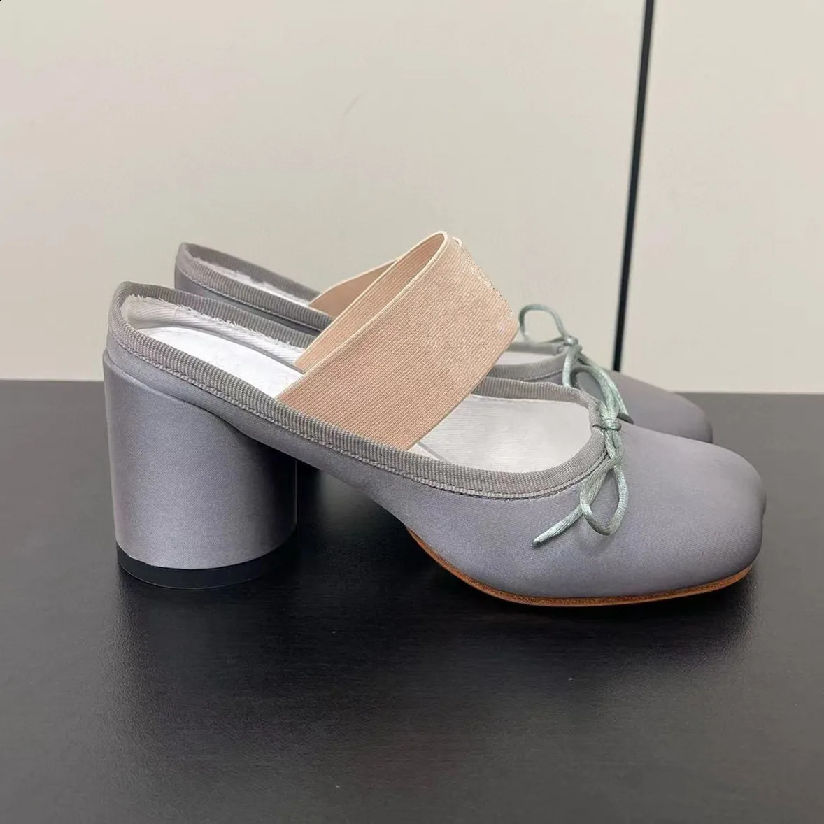 er shoes satin ribbon toe thick heel bow toe shoes womens ballet high heels backless high heels single shoes 240919