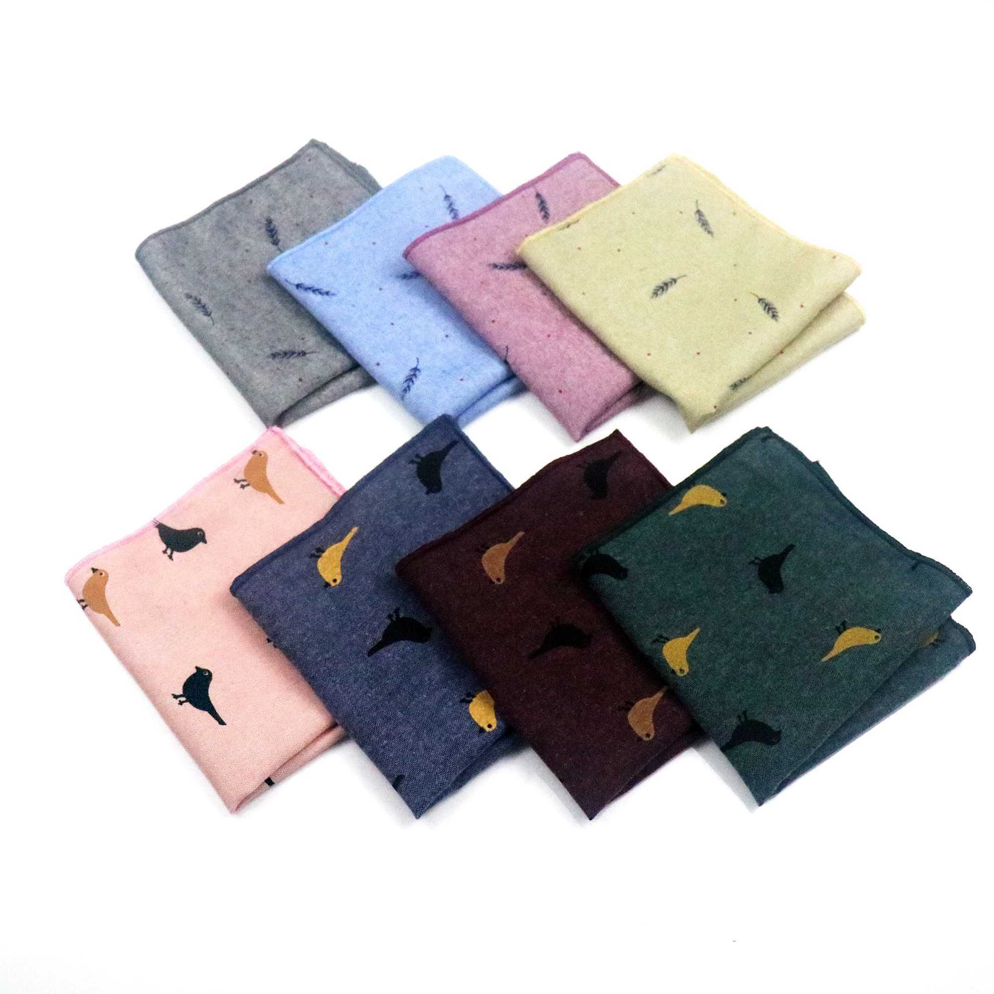 Cotton Pocket Square Mens 25CM Brid Feather Printed Grey Handkerchief Hanky Business Wedding Accessories Men Suit Pocket VintageX240921