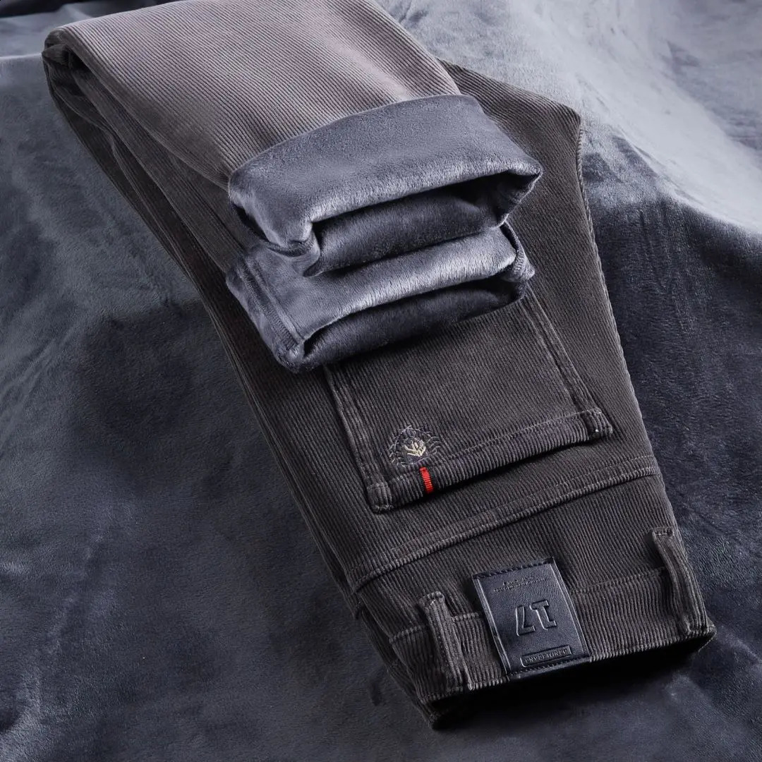 Mens Winter Pants Straight with Corduroy Wool Warmth Trouser Classic Brushed Fashion Casual 240913