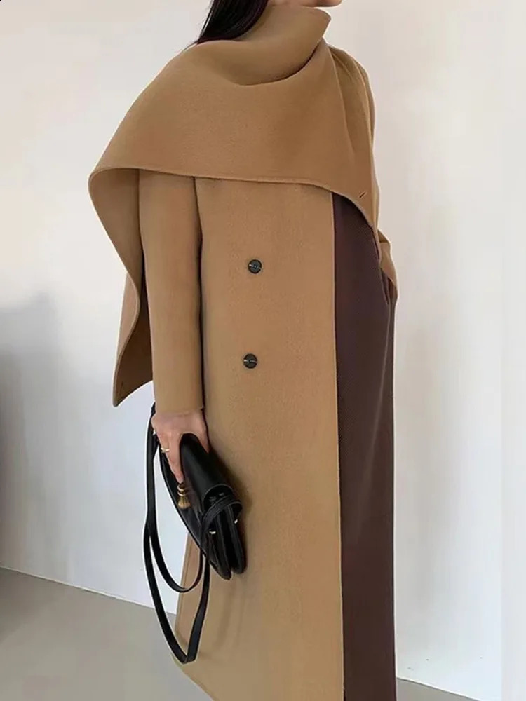 Coat Shawl Scarf Collar Double breasted Solid Color Extended Womens Double sided Woolen Coat 240911