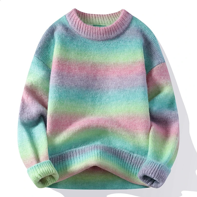 Winter Fashion Rainbow Stripe Sweater Mens High end Wool Pullover Sweater Casual Loose Christmas Parachute 240921