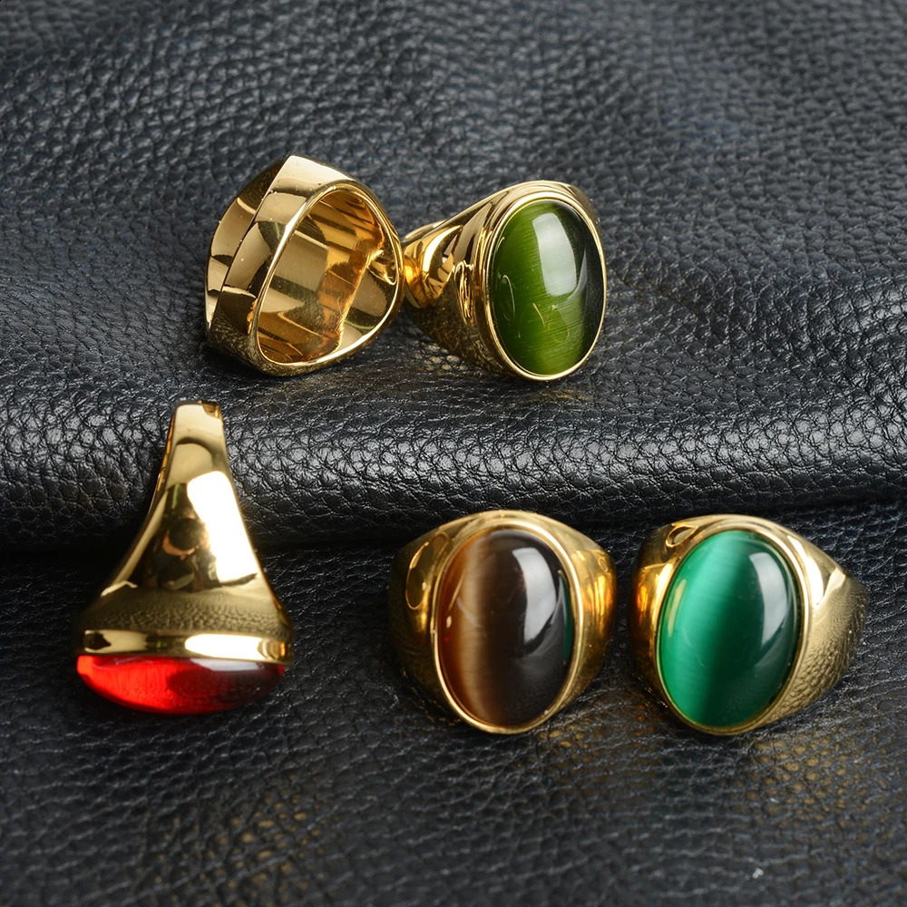 18k gold womens ring stainless steel jewelry with large cat eye stone unpainted mens accessories mens ring high quality 240918