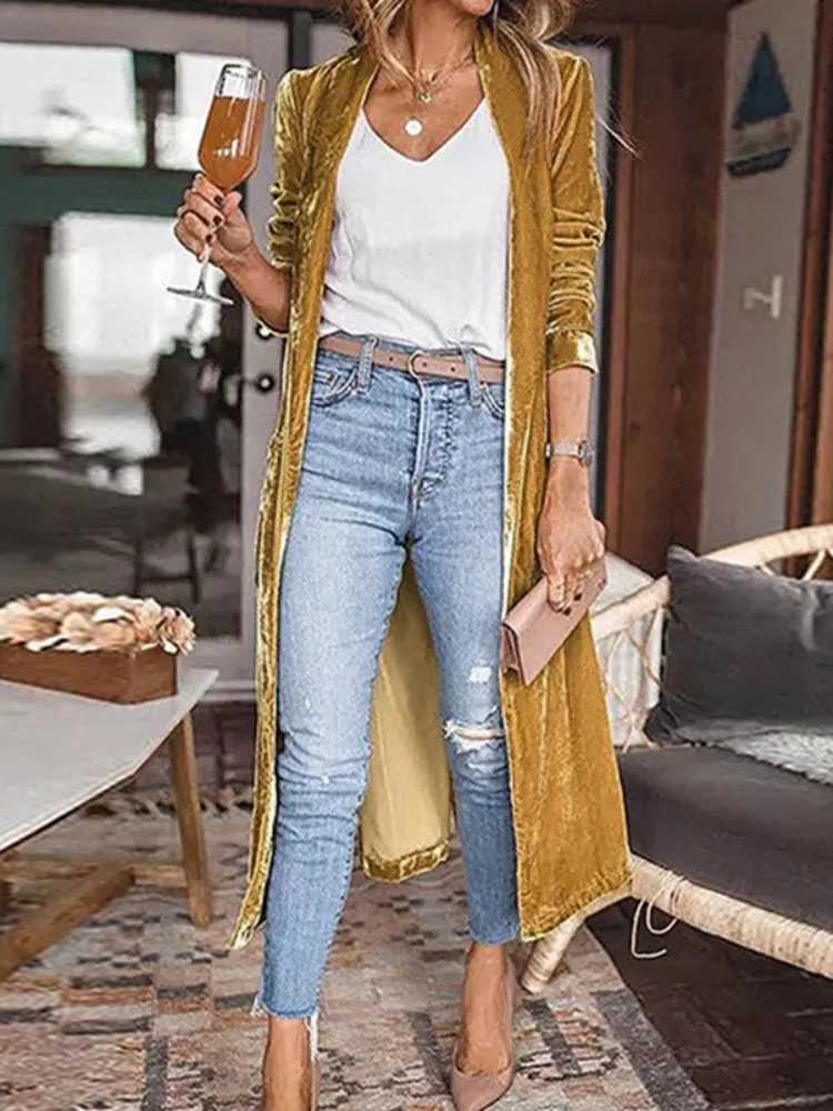 Freeacy Womens Elegant Solid Color Outerwear Velvet Long Sleeves Coat Autumn New Female Elegant Collarless Long Cardigan CoatsX240921