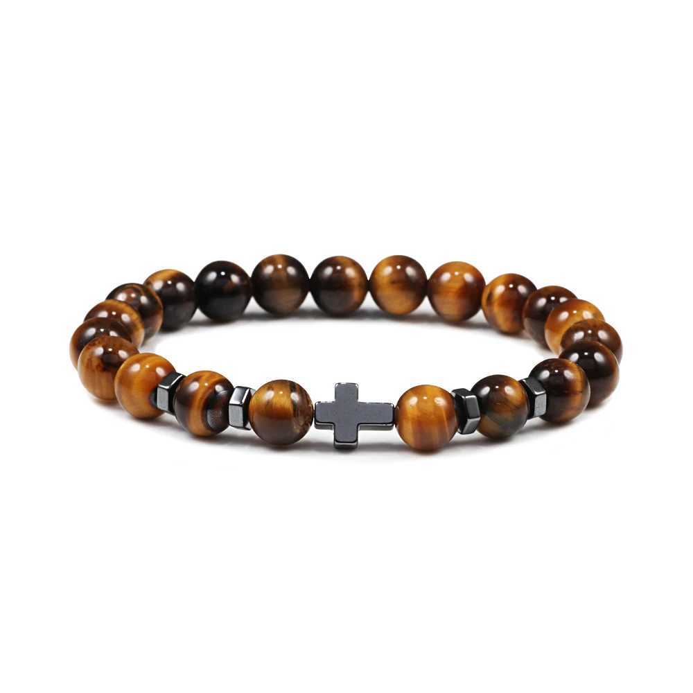 Dropshipping Hot Men Natural Lava Stone Bead Bracelets Hematite Cross Rosary Meditation Prayer Jesus Bracelet Women Yoga JewelryX240921