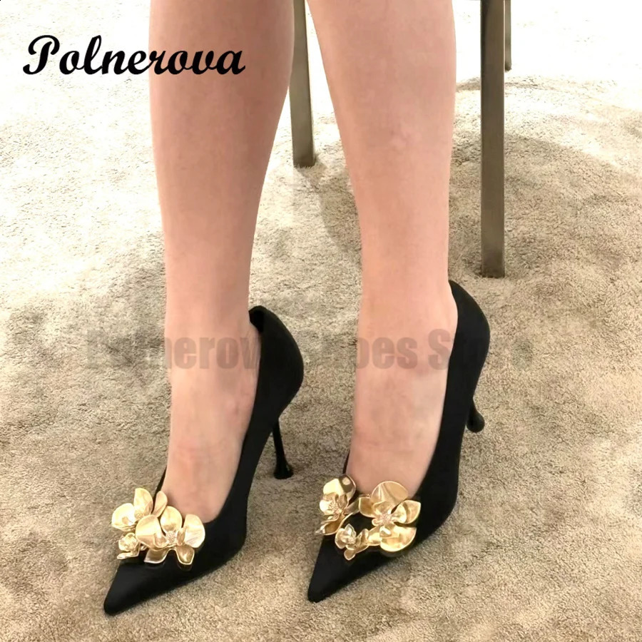 Black satin dot high heels womens fashion autumn gold orchid button shallow mouth single shoes sexy runway high heels 240919