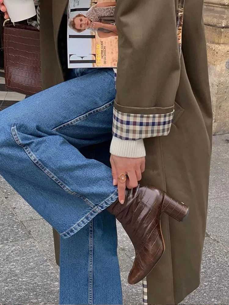 Plaid Lining Single Breasted Lapel Packet With Pocket Women Long Sleeved Versatile Long Coats Autumn Chic High Street OvercoatX240921