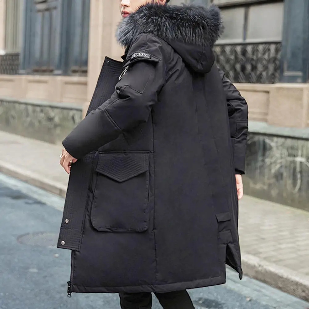 Men Down Jacket Cold Weather Outerwear Fur Collar Hooded Long Sleeve Winter Coat Zipper Placket Pockets Thickened Puffer Coat 240909