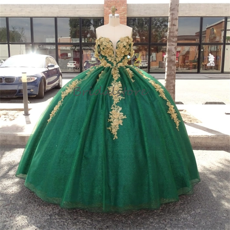 Beautiful Green And Gold Quinceanera Dresses 2025 Sweetheart 3D Florals Vestidos De 15 Quinceanera Lace Sparkly Birthday Party Gorgeous Vestidos De Xv