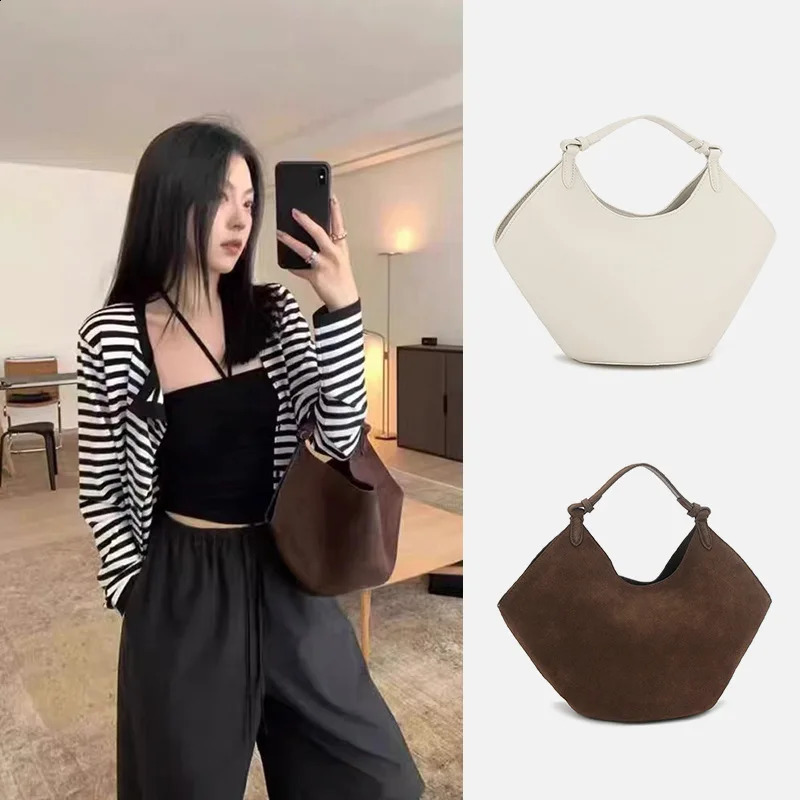 Korean genuine leather suede retro casual commuting large capacity vegetable basket tote bag handbag shoulder bag for women 240918