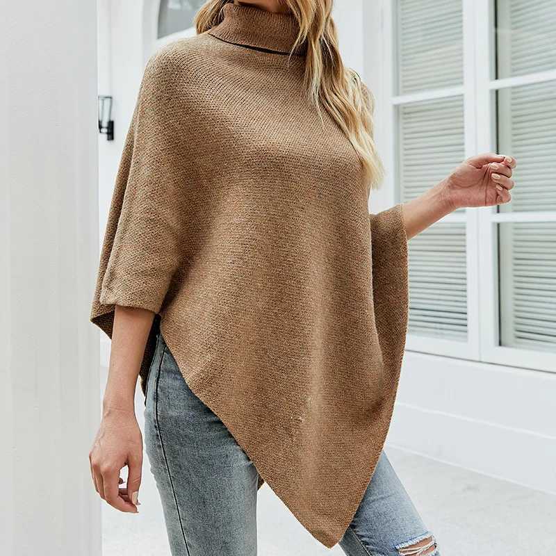 2023 Autumn Winter Shawl Coat Solid Color Turtle Collar Coat Womens Raincoat Pulling Knitted Bat Sleeve Top W240921