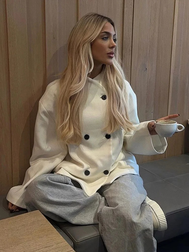 Solid Double Breasted Female Jacket O Neck Long Sleeve Women Coat 2024 Autumn Casual Vintage Solid Women Loose Lady Jackets 240918