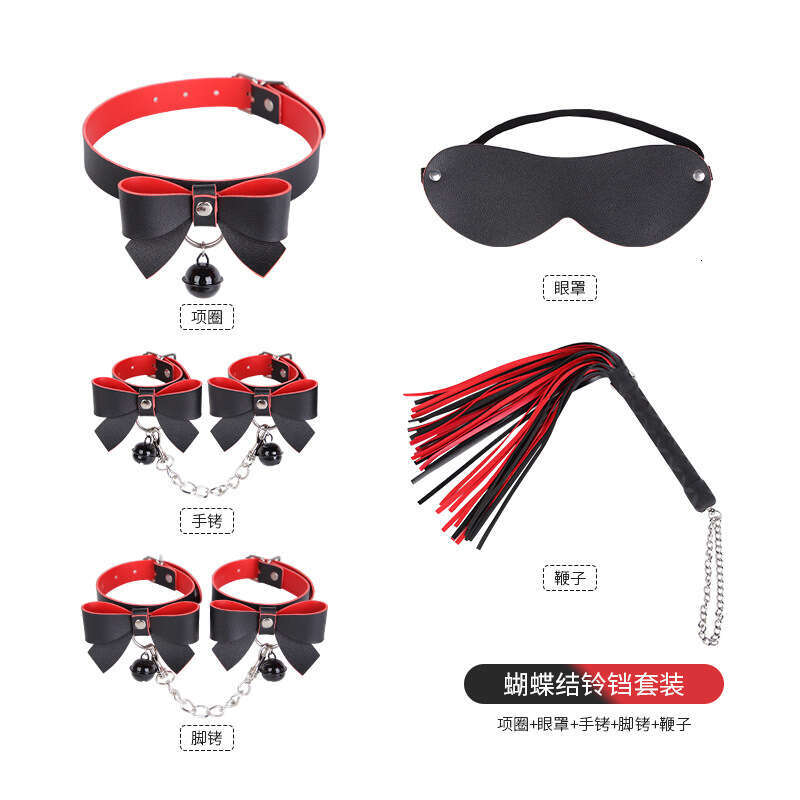 SM Prop Set 5-piece Bow Sex Collar Female Slave Training Bell Handcuffs Macaron SM Leather Whip