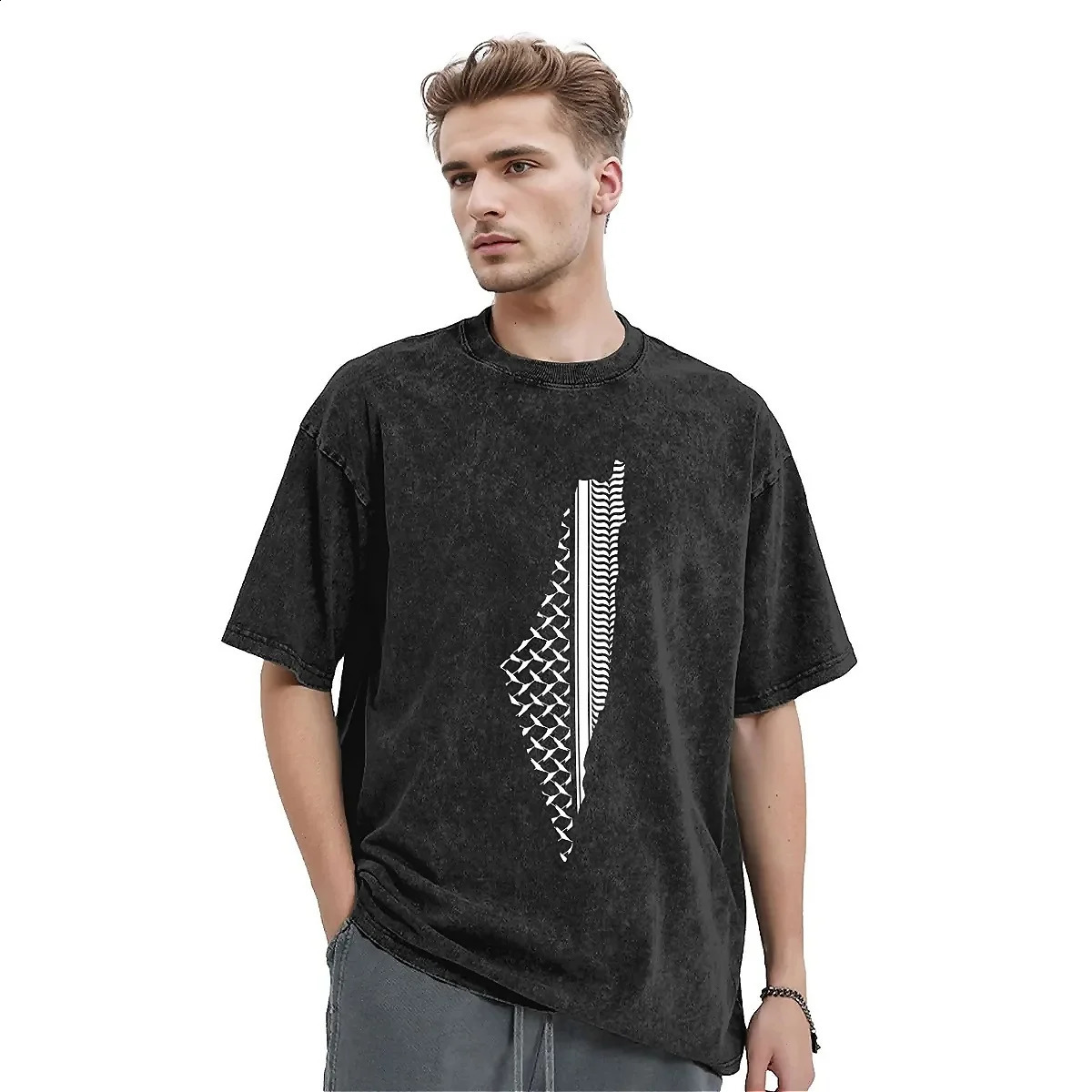Couple T Shirt Palestinian keffiyeh Washed TShirts Fashion Palestine map Summer Tee Shirt Vintage Printed Simple Tops 240921